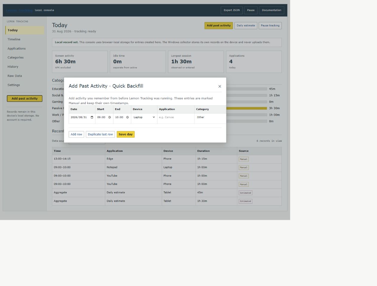 Add Past Activity screen